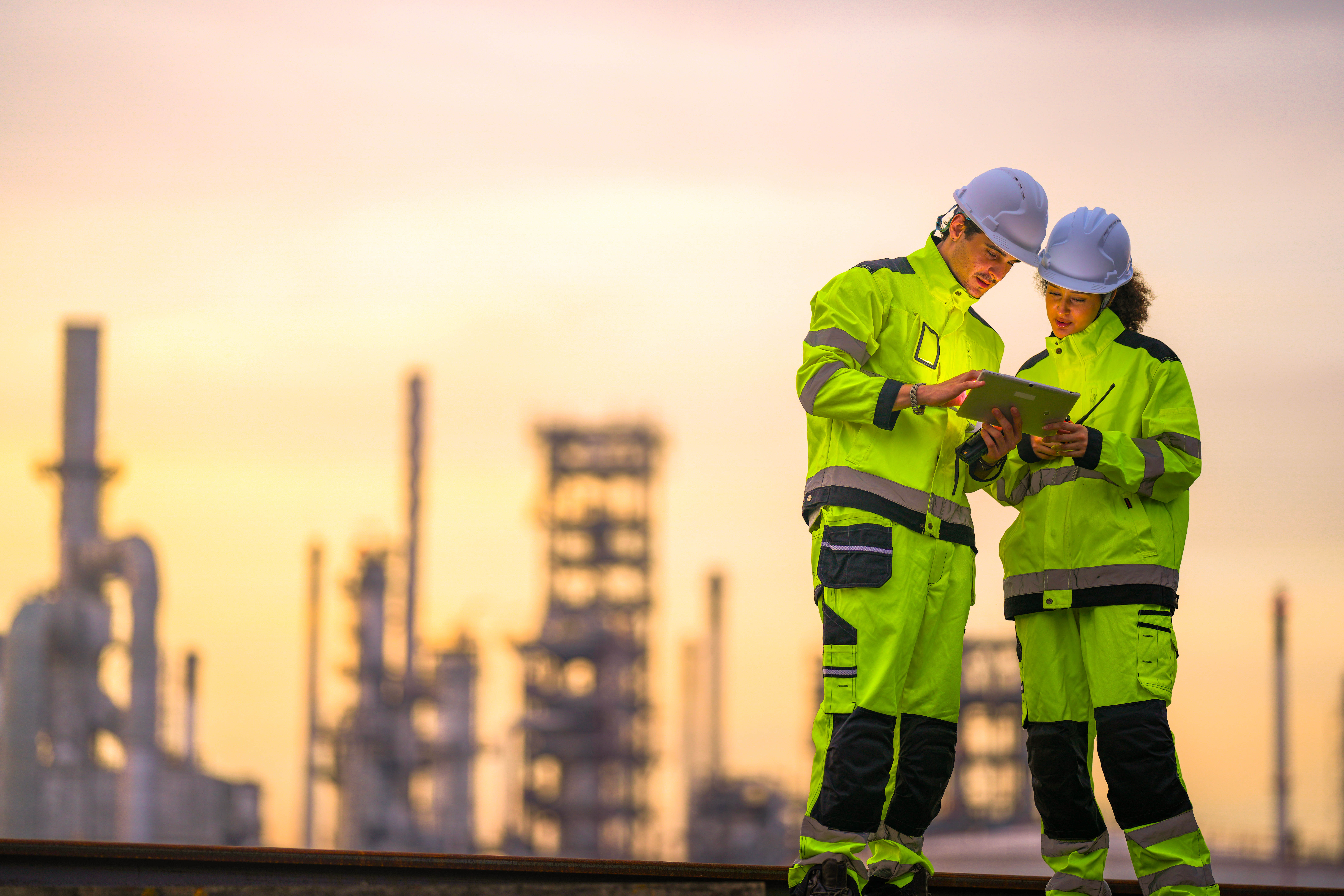 Two engineers in protective equipment inspecting industrial infrastructure, symbolising independent third-party validation and verification of carbon credit projects