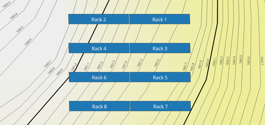 Terrain model and rack locations for lab-scale validation site setup. Elevation contours in metres (Source: Shuttle Radar Topography Mission data).