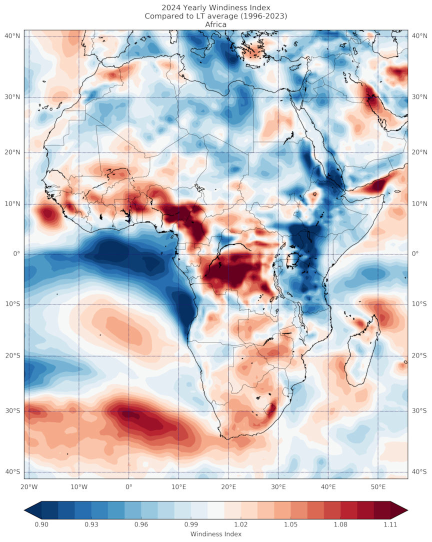 2024 Yearly Windiness Index Compared to LT average (1996-2023) Africa