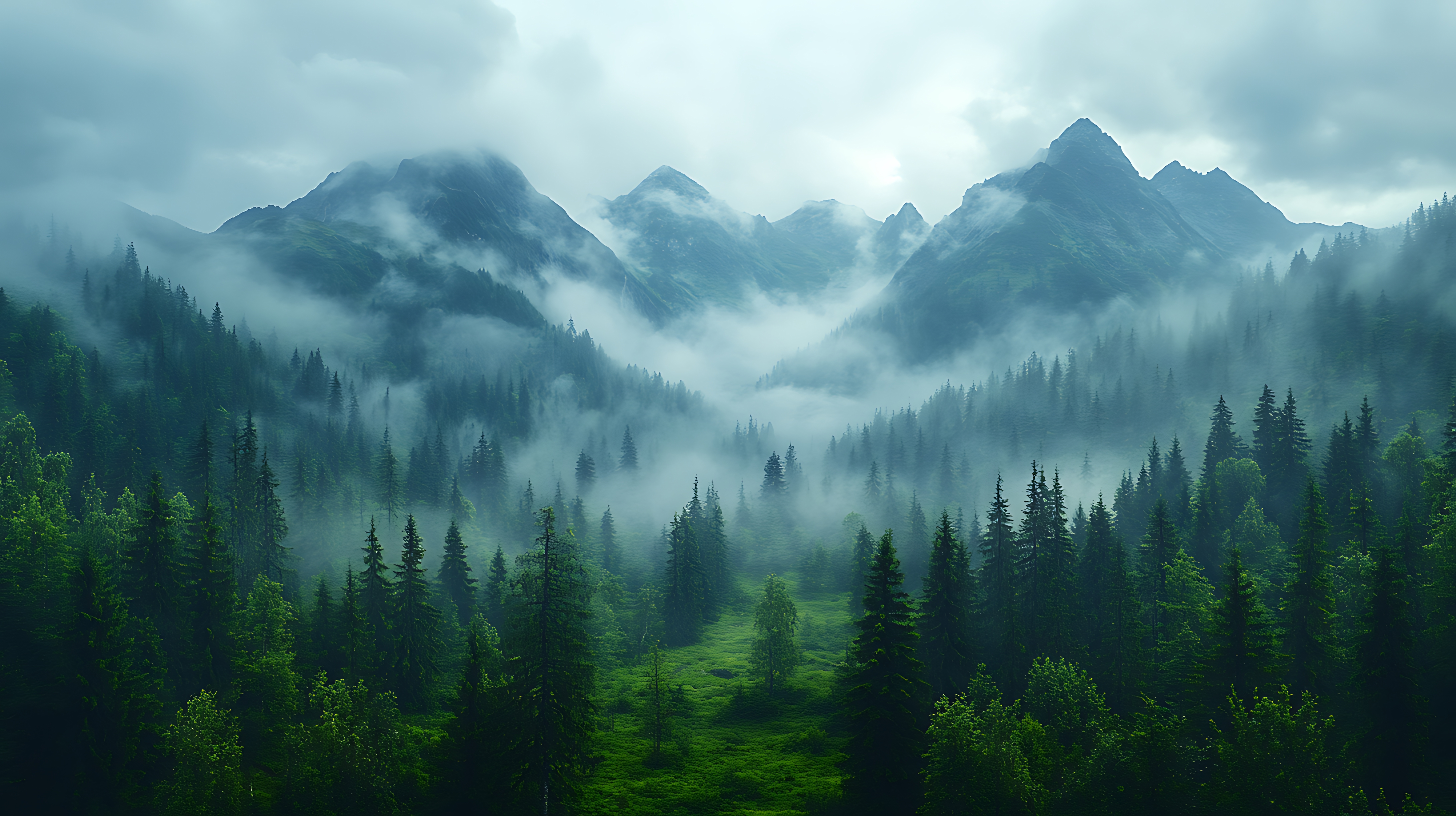 Mist-covered mountain forest symbolizing carbon neutrality, natural balance, and the journey toward net zero emissions