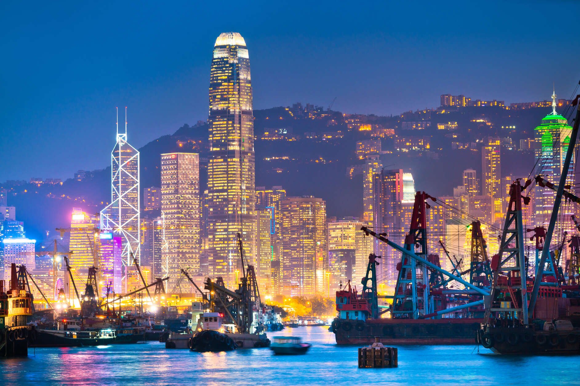 Hong Kong skyline and container cargo freight ship
