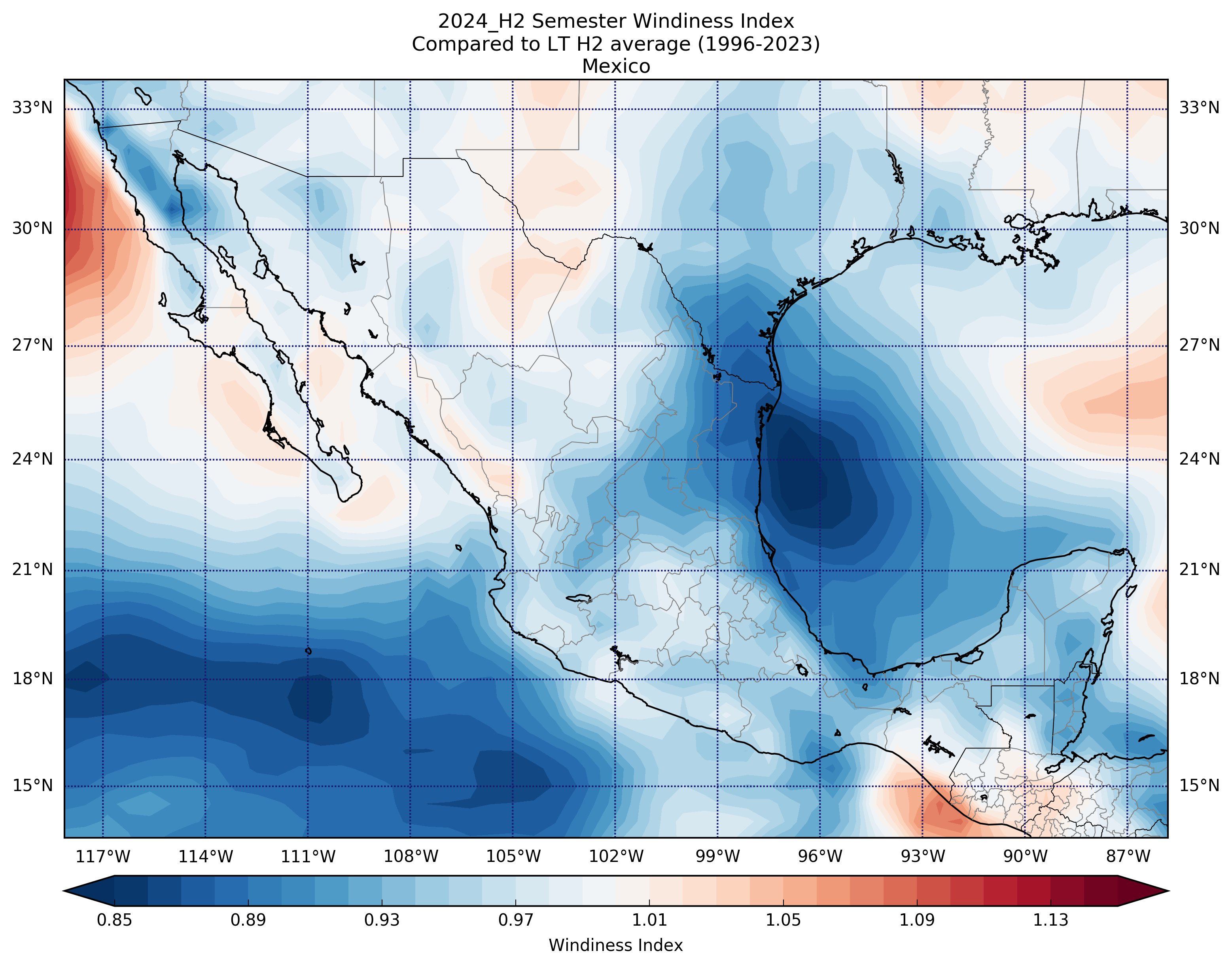 2024_H2 Semester Windiness Index Compared to LT H2 average (1996-2023) Mexico