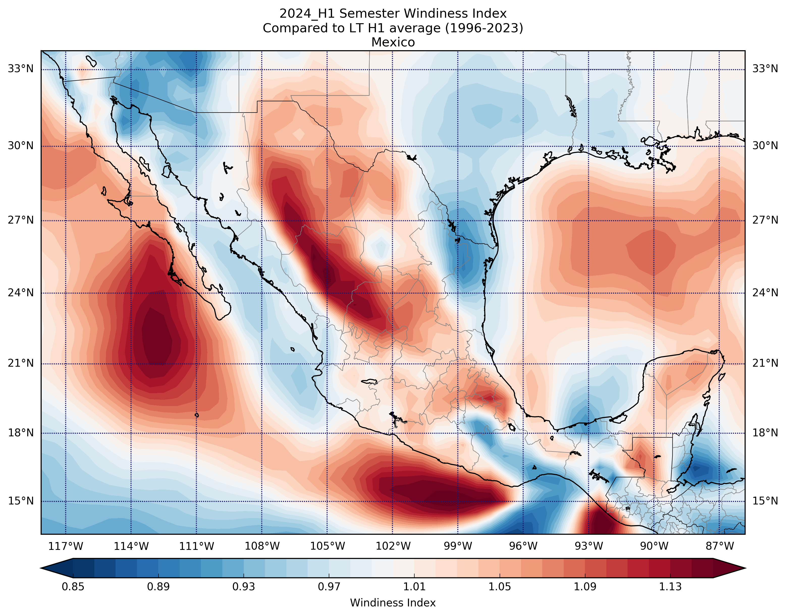 2024_H1 Semester Windiness Index Compared to LT H1 average (1996-2023) Mexico