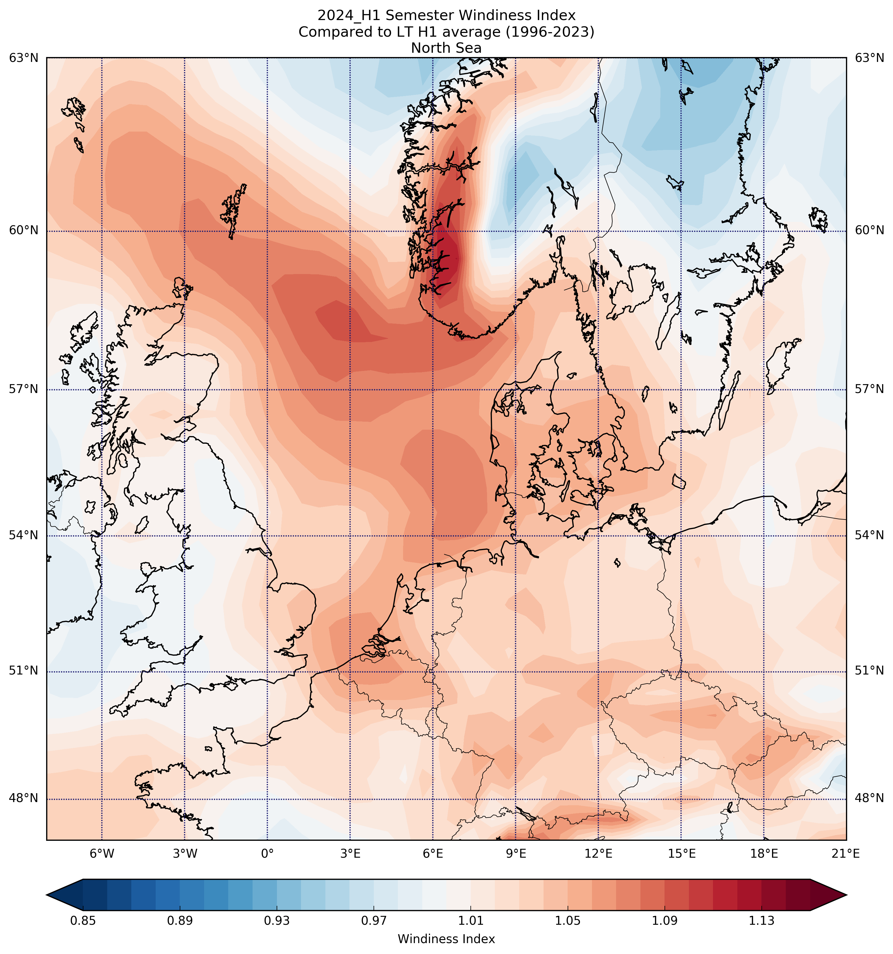 2024_H1 Semester Windiness Index Compared to LT H1 average (1996-2023) North Sea