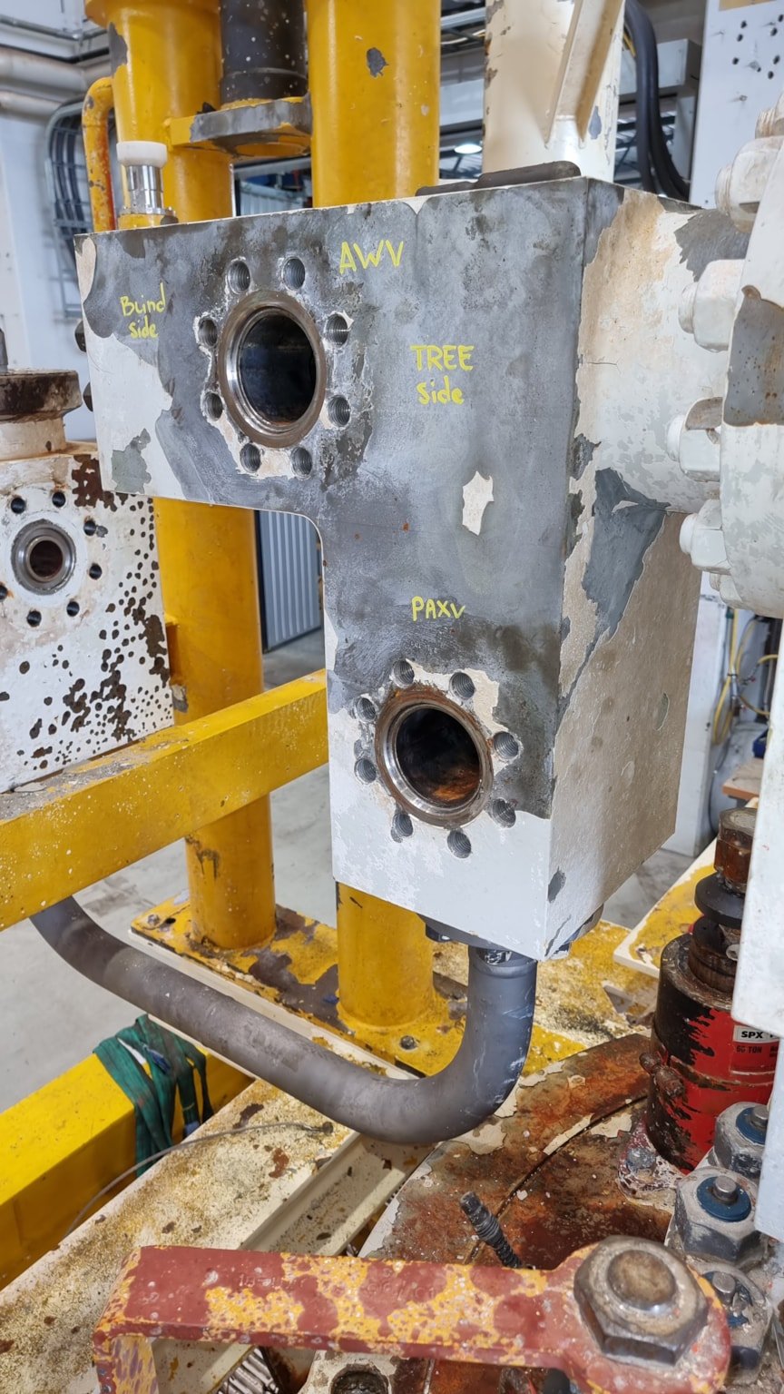 Partly disassembeled Kværner Subsea Christmas Tree parts in workshop. Photo courtesy: OKEA