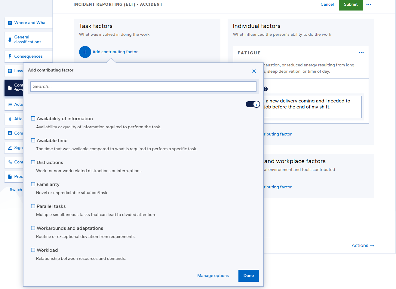 Overview of contributing factors in Synergi Life