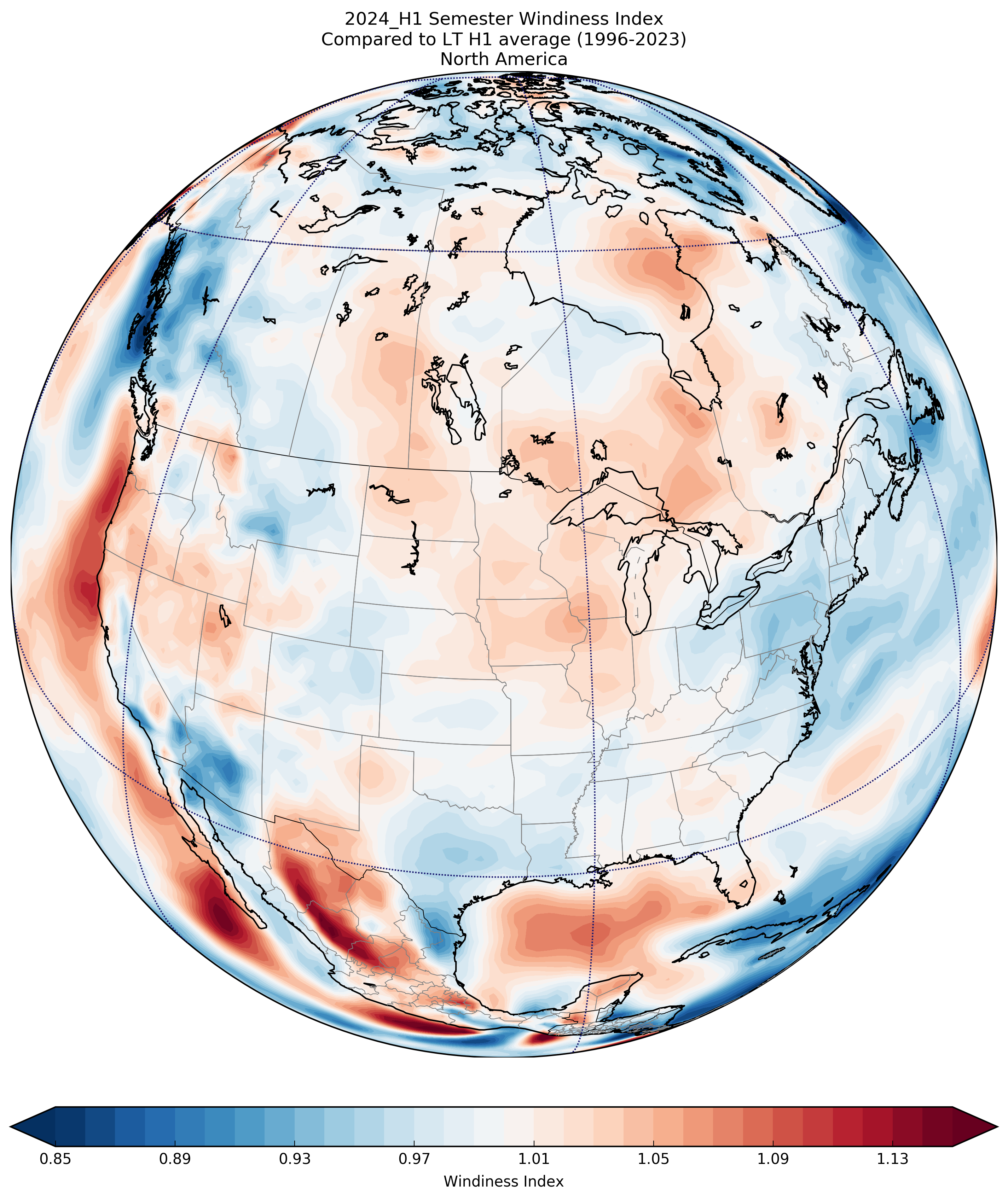 2024_H1 Semester Windiness Index Compared to LT H1 average (1996-2023) North America