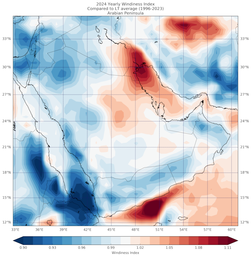 2024 Yearly Windiness Index Compared to LT average (1996-2023) Arabian Peninsula