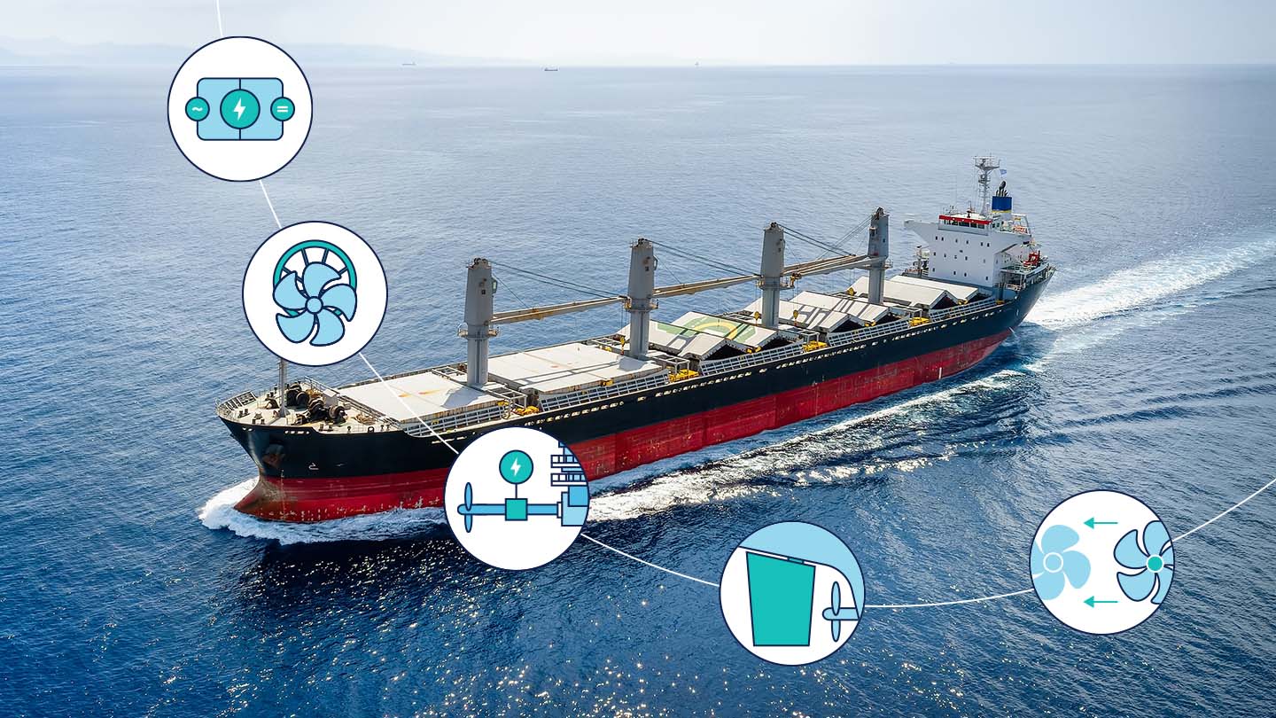 Bulk carrier at sea with energy efficiency elements overlay