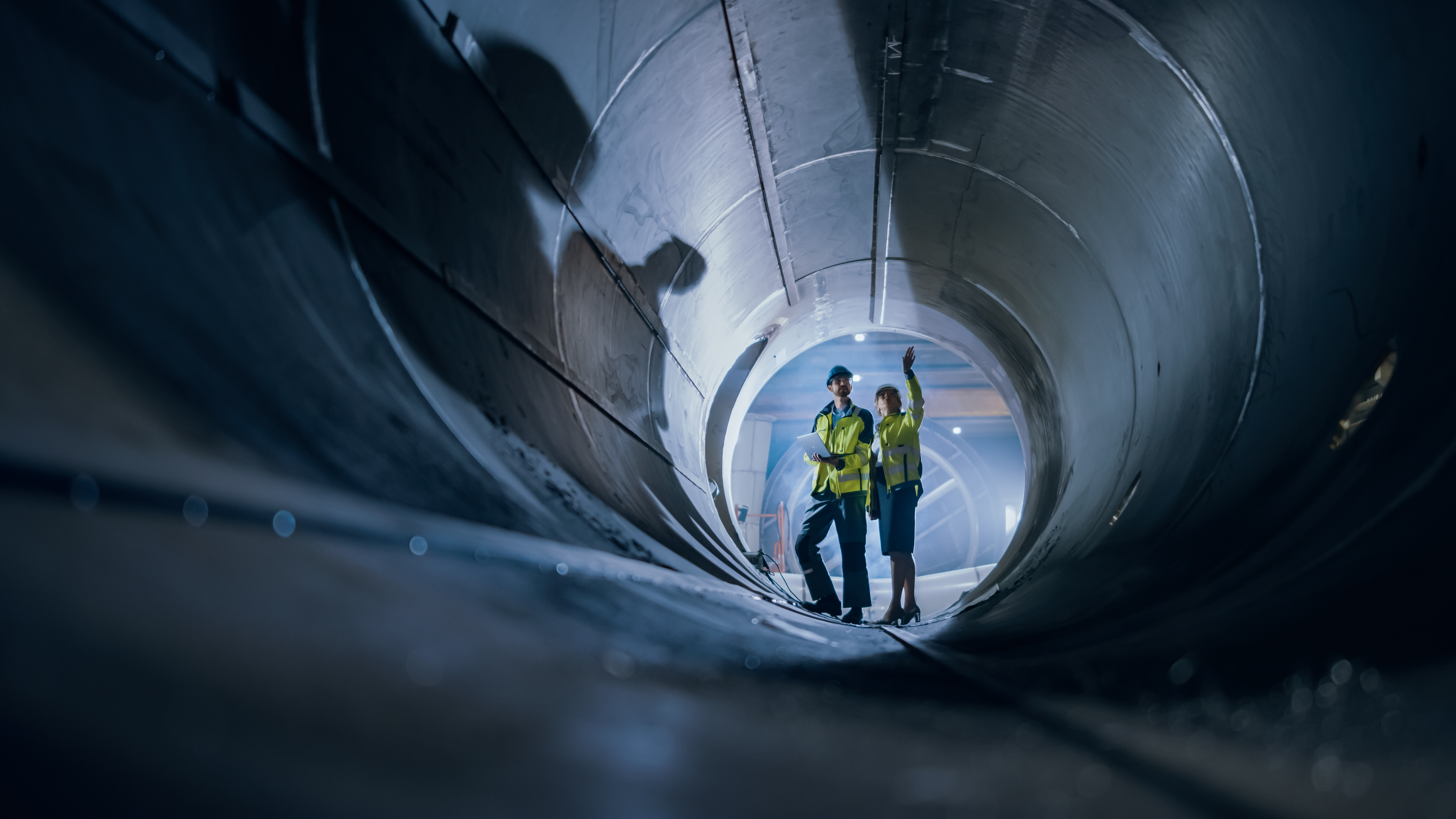 Technician conducting an internal inspection inside a large industrial tank, illustrating process safety and compliance assessment