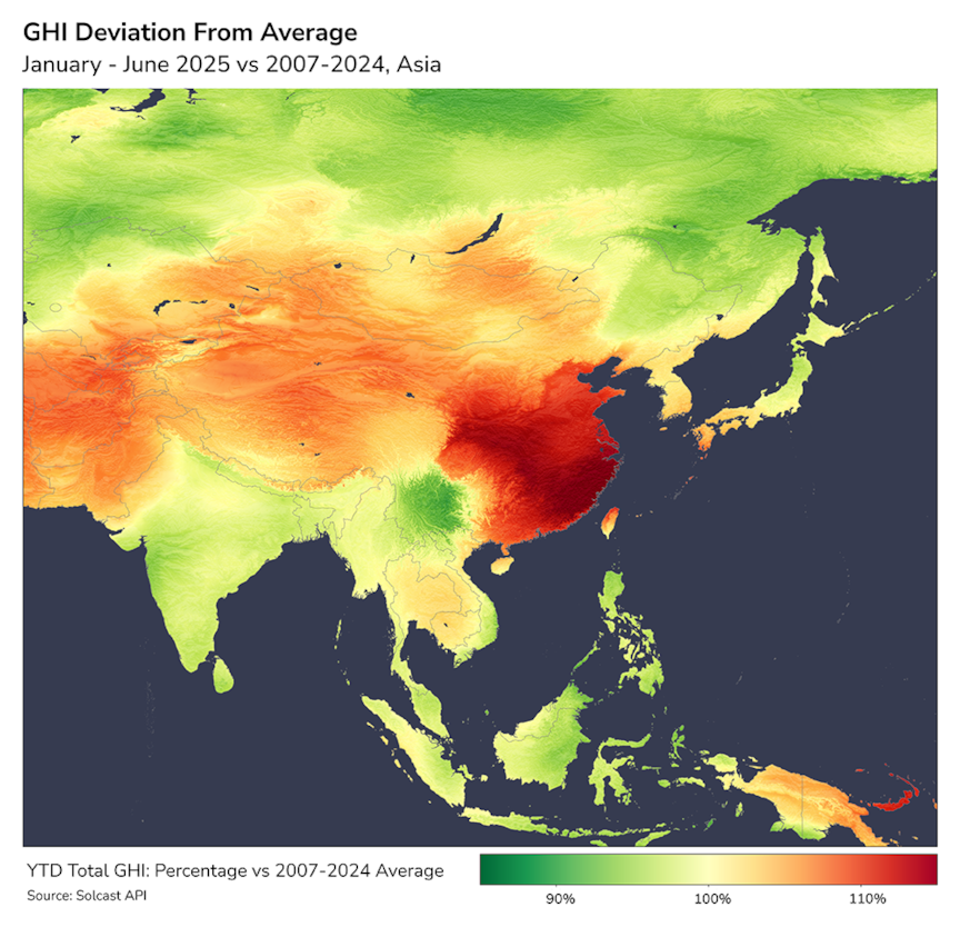 Asia GHI deviation from average, Jan-Jun 2025 vs. 2007-2024
