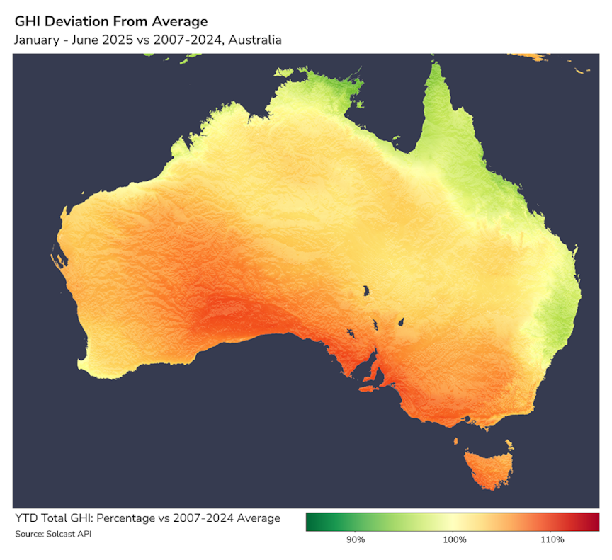 Australia GHI deviation from average, Jan-Jun 2025 vs. 2007-2024