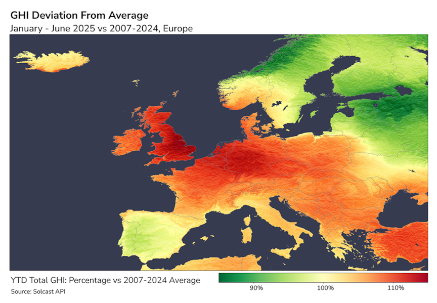 Europe GHI deviation Jan-Jun 2025 vs. 2007-2024