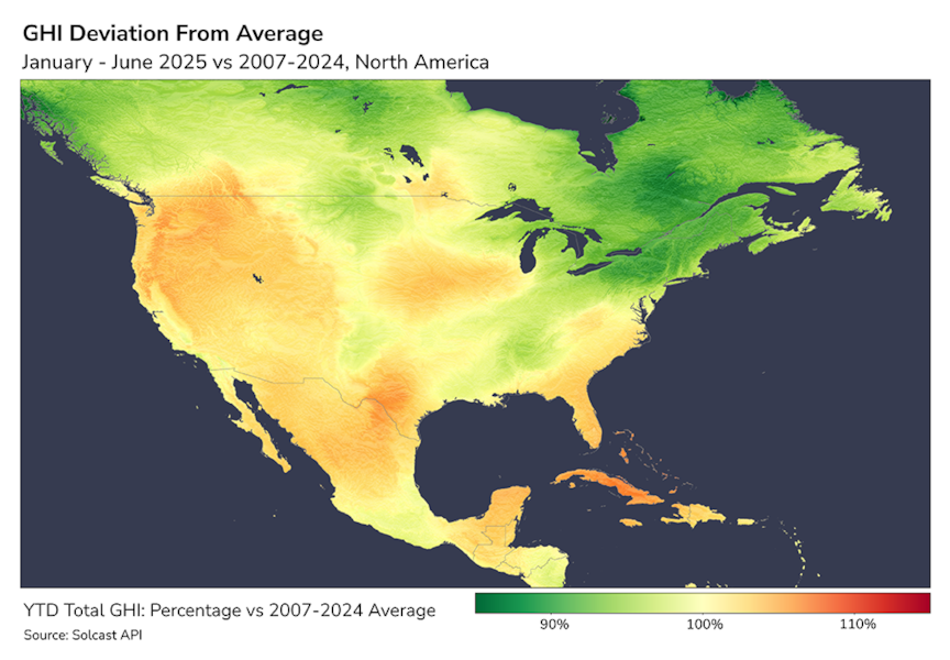 North America GHI deviation - Jan-Jun 2025 vs. 2007-2024