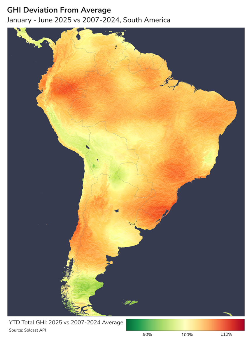 South America GHI deviation from average, Jan-Jun 2025 vs. 2007-2024