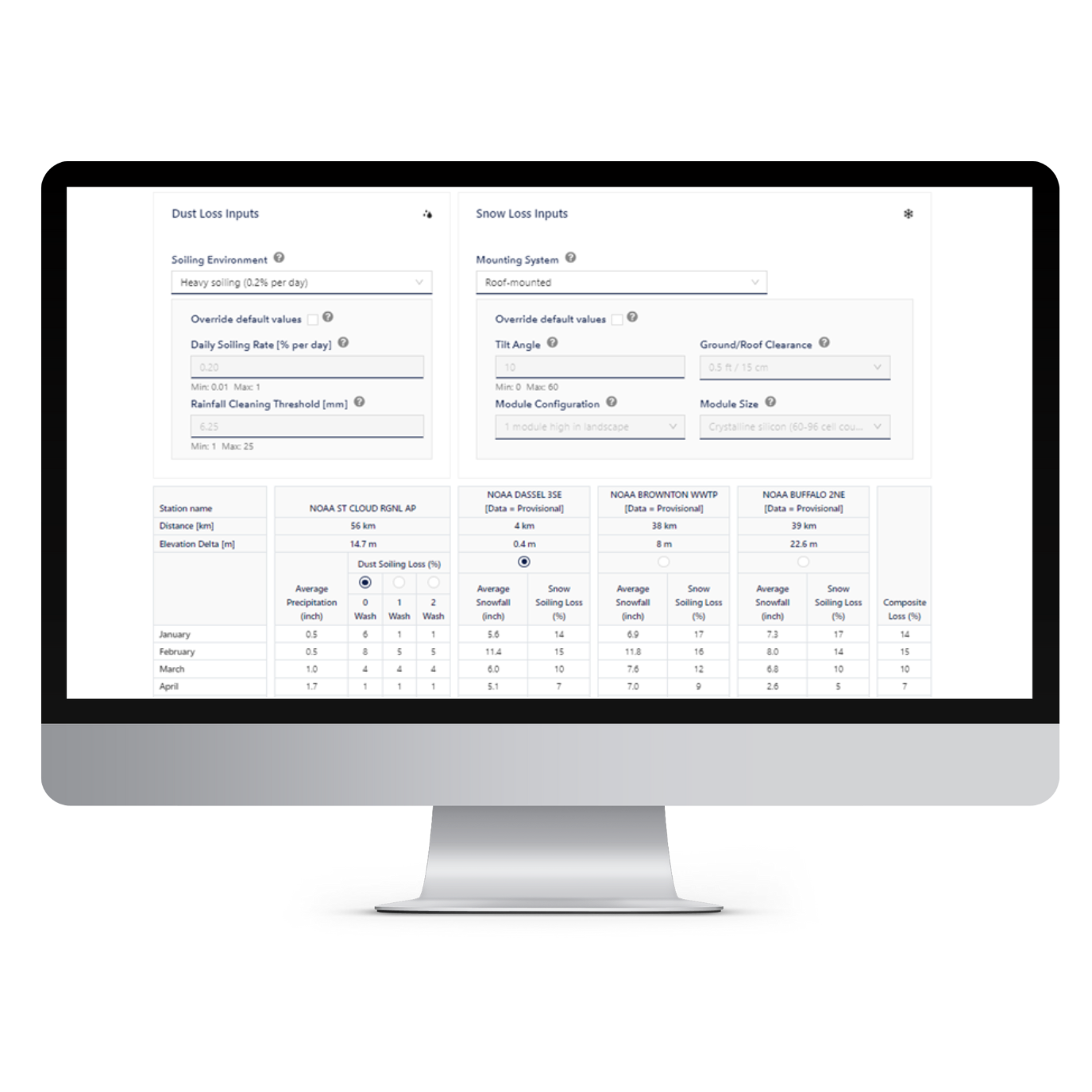 Visualization of snow and soiling loss data with simulations in Solar Resource Compass for sample North American solar projects