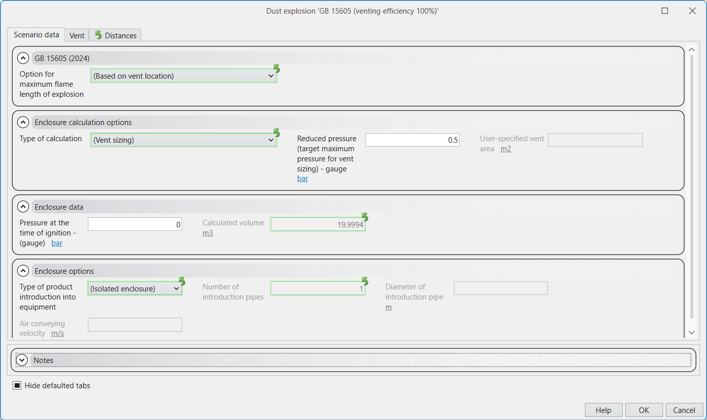 Screenshot of the Dust explosions scenario input window 