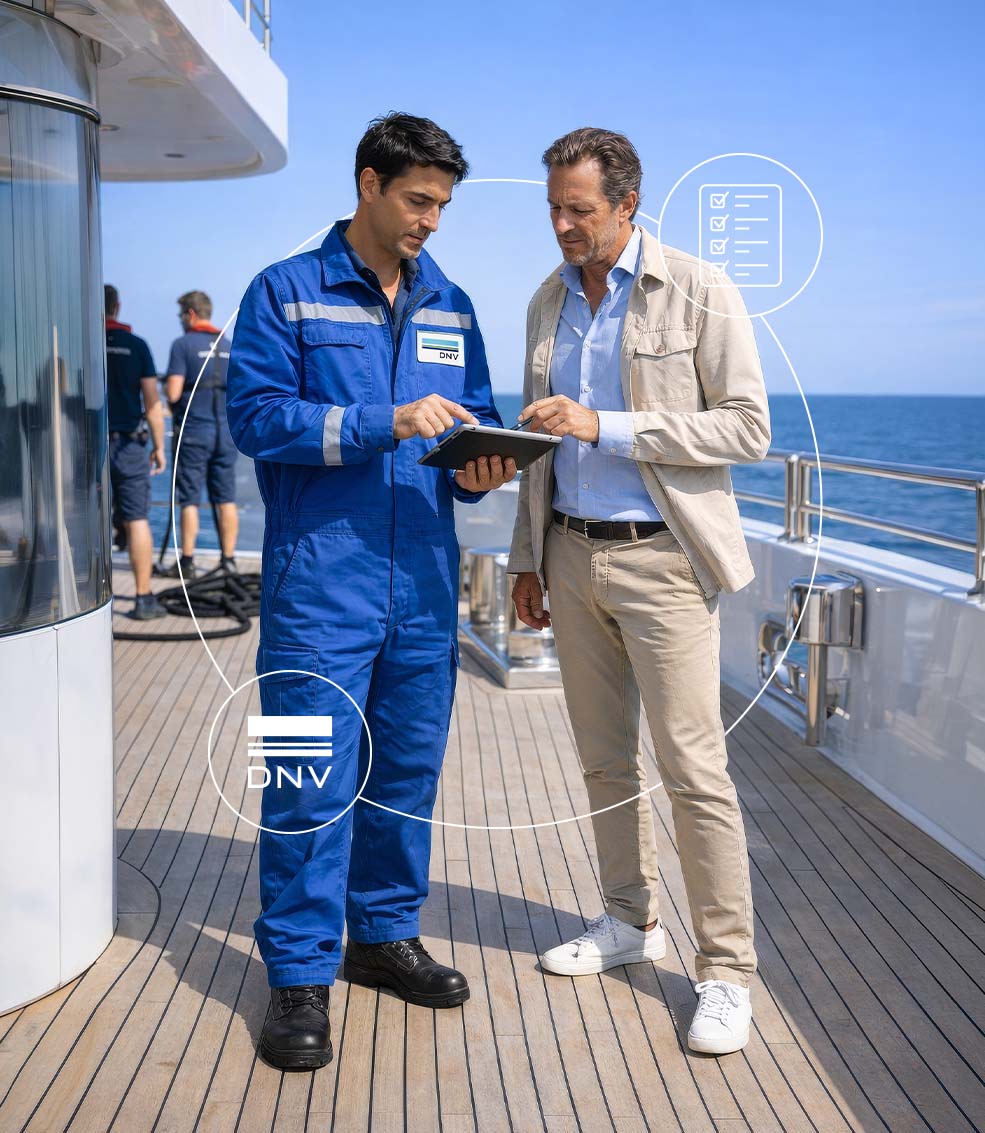 businessmen and surveyor on deck