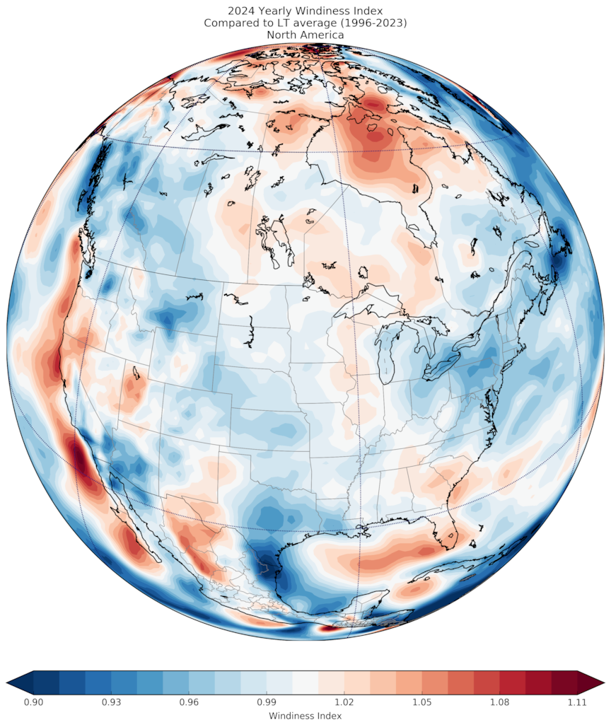 2024 Yearly Windiness Index Compared to LT average (1996-2023) North America