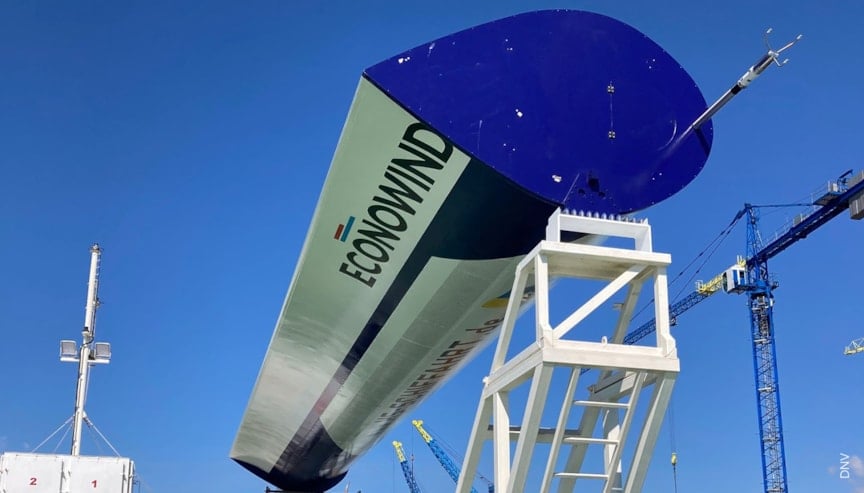 An Econowind suction wing in stowed position. After successful installations on short-sea vessels, the Dutch company now offers deep-sea systems as well.