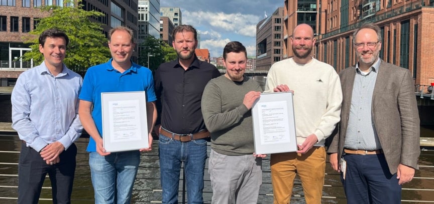 From left to right: Lauren Andrik, Project Manager at DNV; Tobias Kracke, Project Development Manager at RWE; Gerd Stein, Project Development Manager at RWE; Kasperi Heikkilä, Certification Engineer at RWE; Hannes Brudi, Certificaiton Engineer at RWE; Stafan Baars, Head of Department Project Certification at DNV