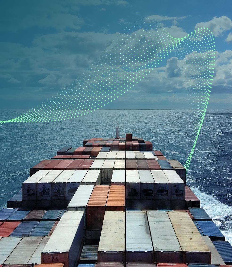 Containership at sea with wave overlay