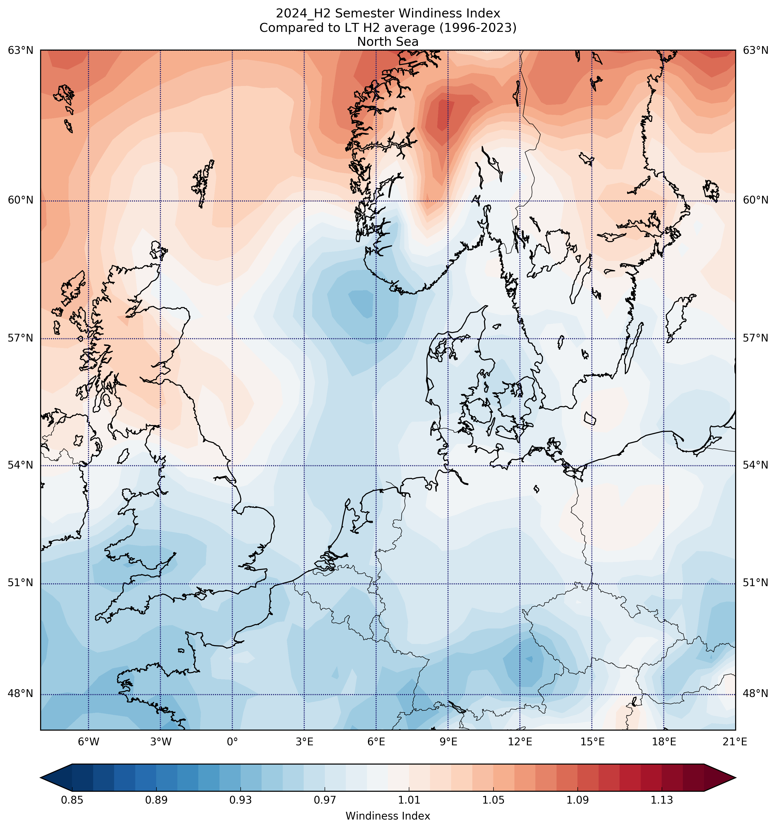 2024_H2 Semester Windiness Index Compared to LT H2 average (1996-2023) North Sea