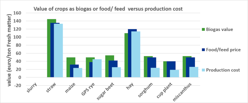 Figure 2: Fresh matter (FM) value of various crops to a large-scale digester (manure+ co-feed) versus average market prices for food (sugar) and animal feed, compared to the variable production costs3 (machines, labor, fertilizer, chemicals, excl. land use costs like rent). This comparison illustrates that biogas plants could compete with food/feed and may guarantee farmers prices above the variable cost levels. The effective biomethane prices are 85+/- 5&nbsp;euro MWh (LHV).