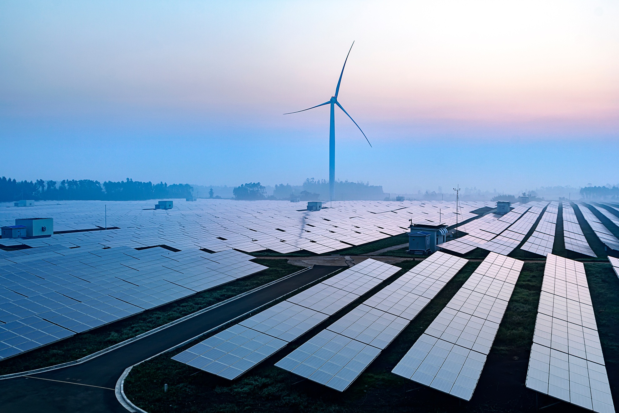 Solar power plants before sunrise