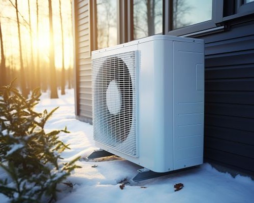 Heat pump on a house in winter