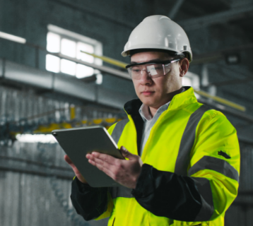 worker in high vis jacket uses tablet