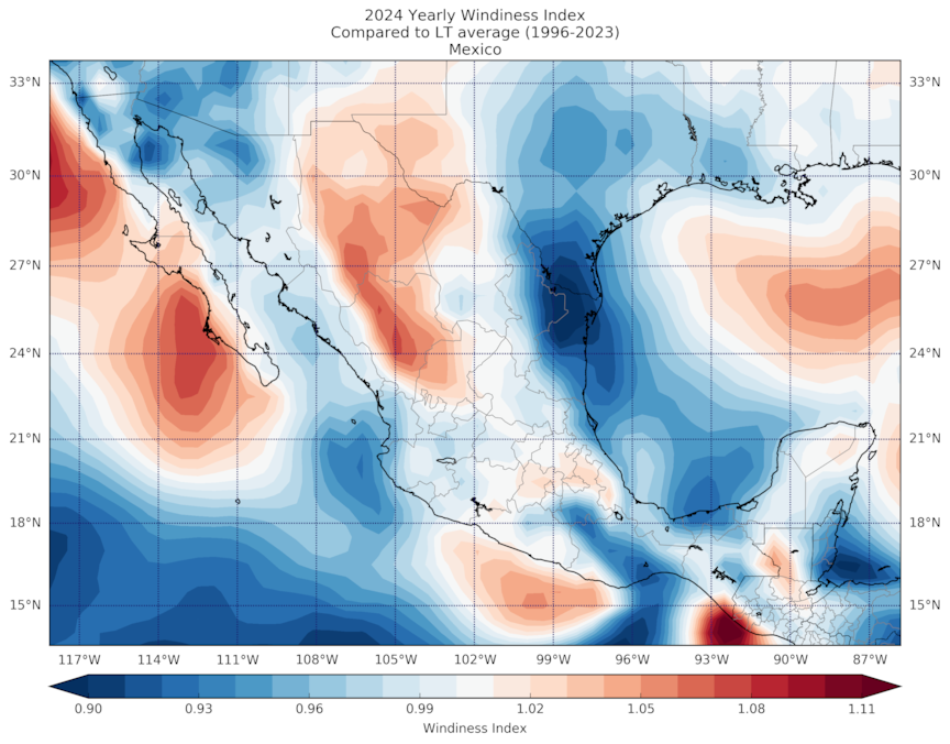 2024 Yearly Windiness Index Compared to LT average (1996-2023) Mexico