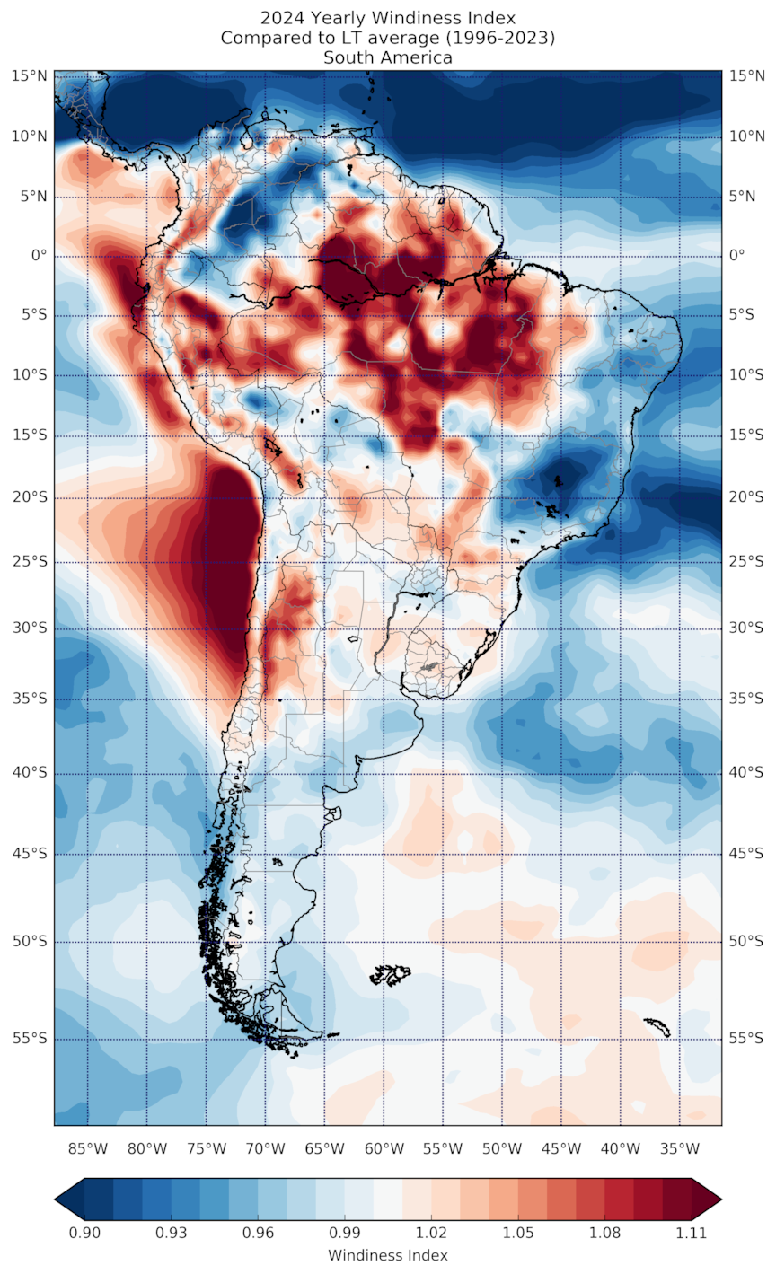 2024 Yearly Windiness Index Compared to LT average (1996-2023) South America