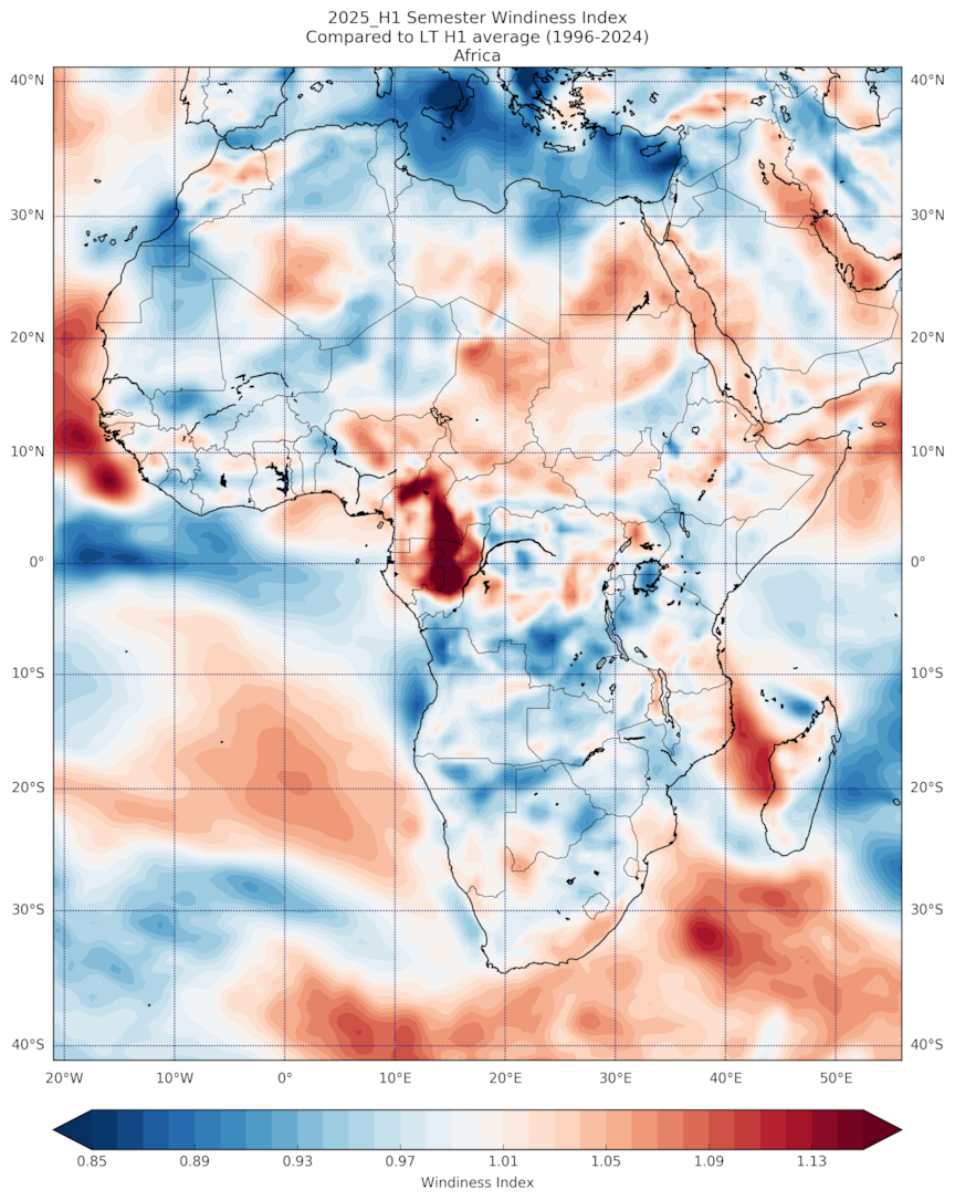 Wind anomaly for Africa in Jan-Jun 2025, compared to the long-term average.