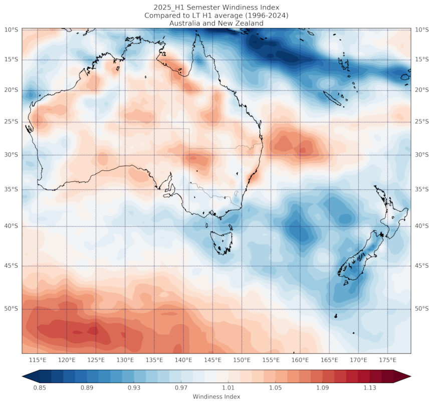 Wind anomaly for Australia and New Zealand in Jan-Jun 2025, compared to the long-term average