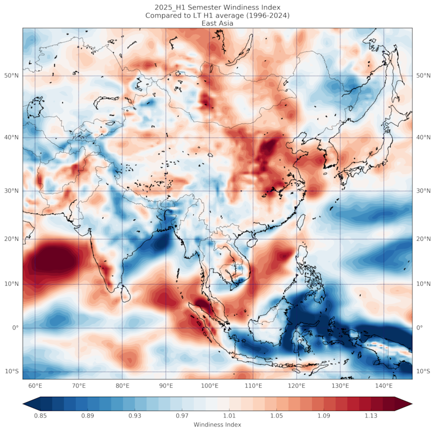 Wind anomaly for Asia in Jan-Jun 2025, compared to the long-term average