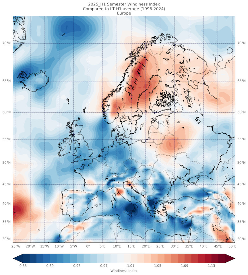 Wind anomaly for Europe, in Jan - Jun 2025, compared to the long-term average.
