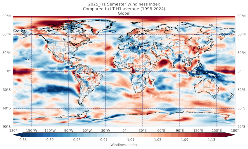 Wind anomaly for Jan-Jun 2025, compared to the long-term average