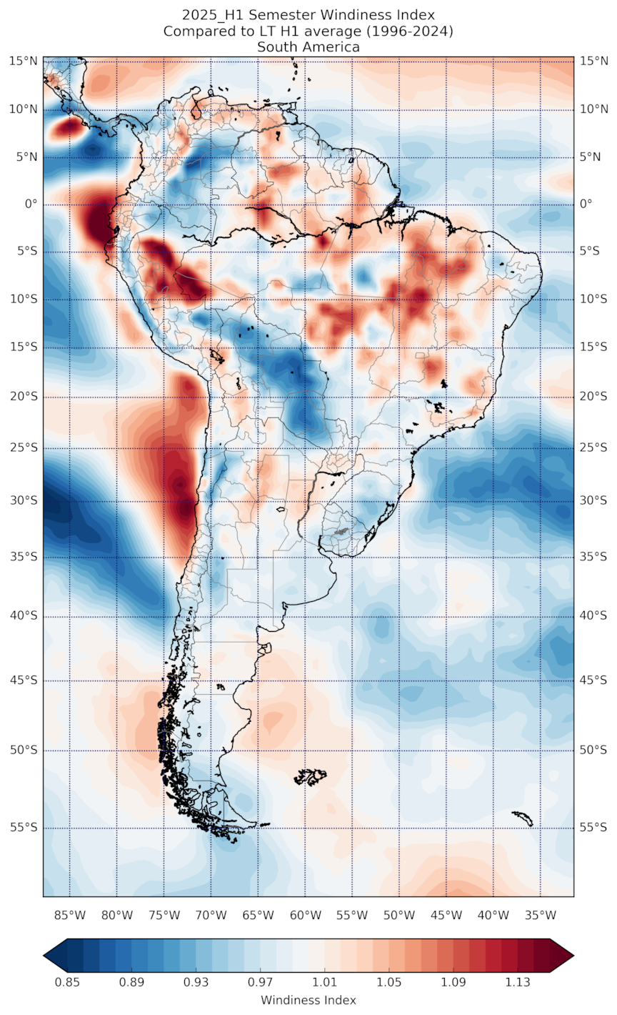 Wind anomaly for South America in Jan-Jun 2025, compared to the long-term average