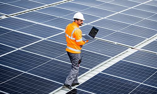 Surveyor inspecting solar panels