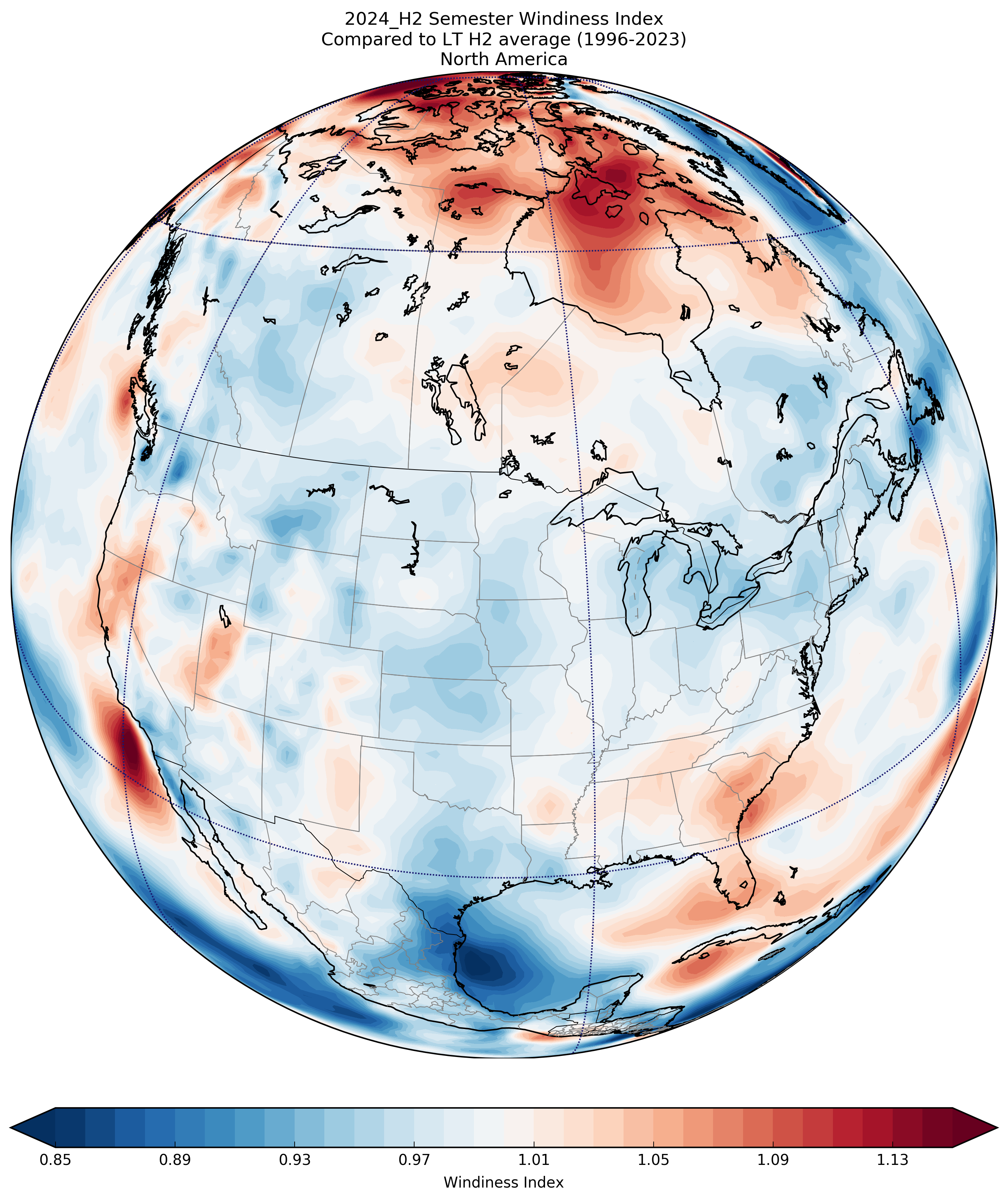 2024_H2 Semester Windiness Index Compared to LT H2 average (1996-2023) North America