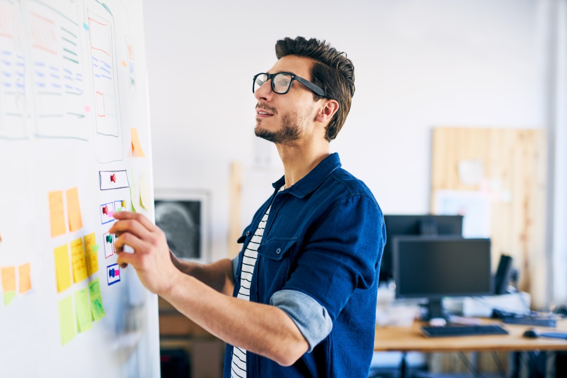 Man at a while board with post-it notes