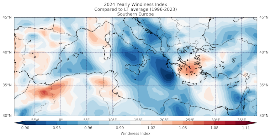2024 Yearly Windiness Index Compared to LT average (1996-2023) Southern Europe