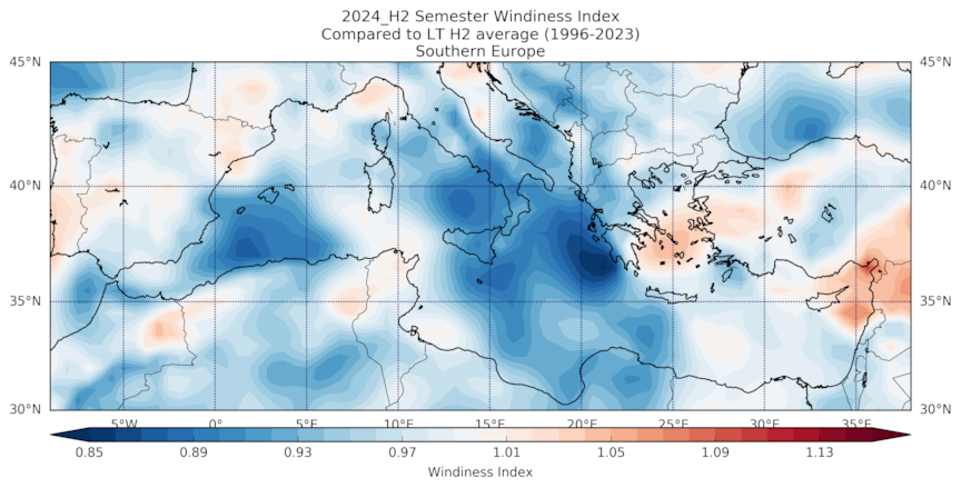 2024_H2 Semester Windiness Index Compared to LT H2 average (1996-2023) Southern Europe