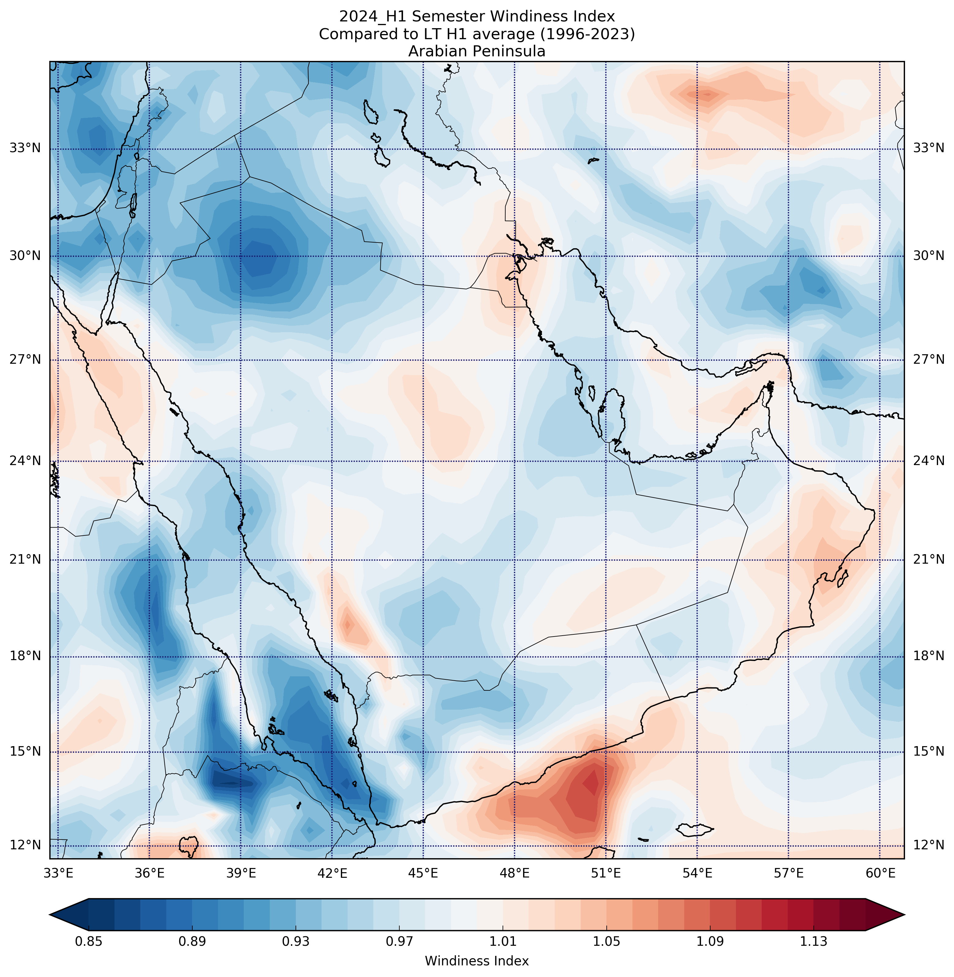 2024_H1 Semester Windiness Index Compared to LT H1 average (1996-2023) Arabian Peninsula