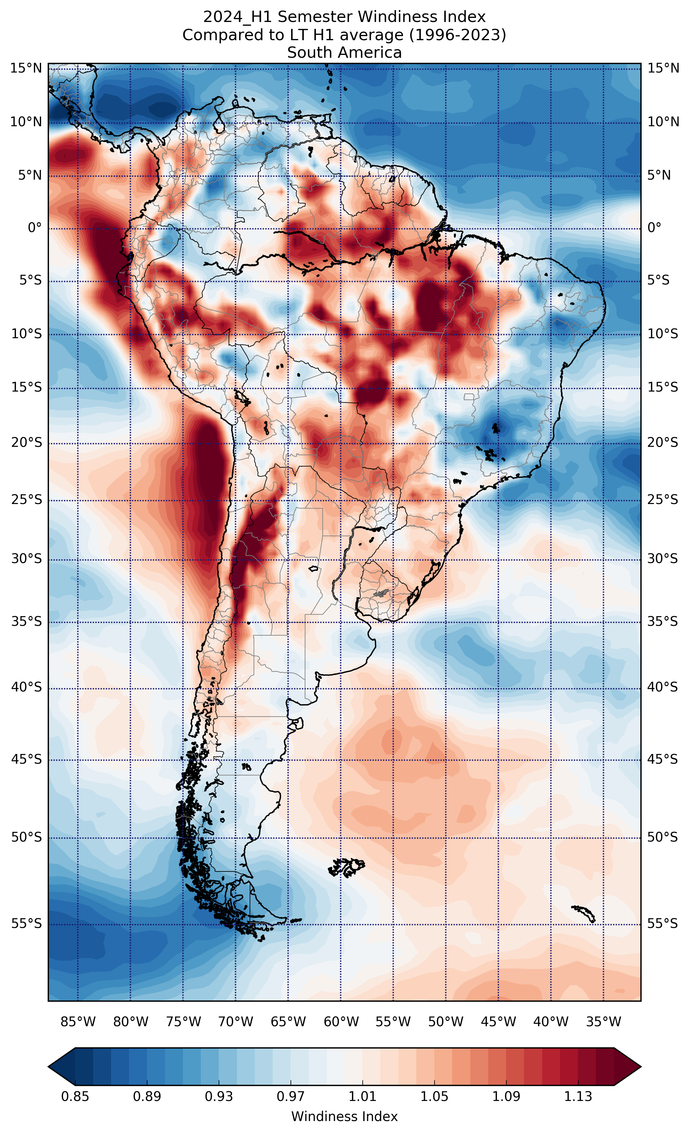 2024_H1 Semester Windiness Index Compared to LT H1 average (1996-2023) South America