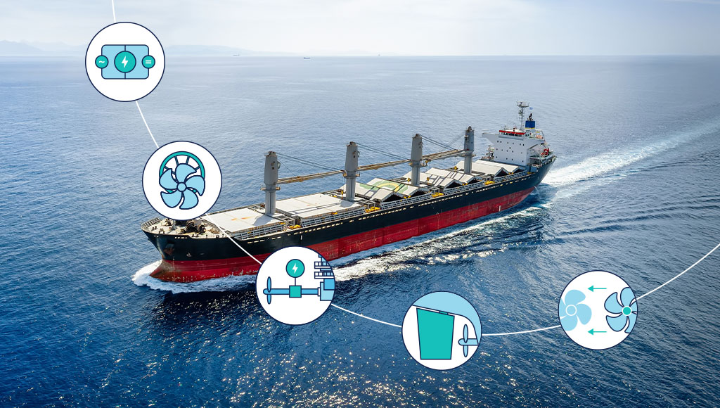 Bulk carrier at sea with energy efficiency elements overlay 