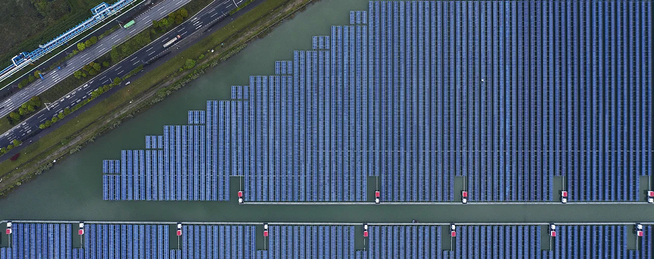 Aerial view of floating solar farm