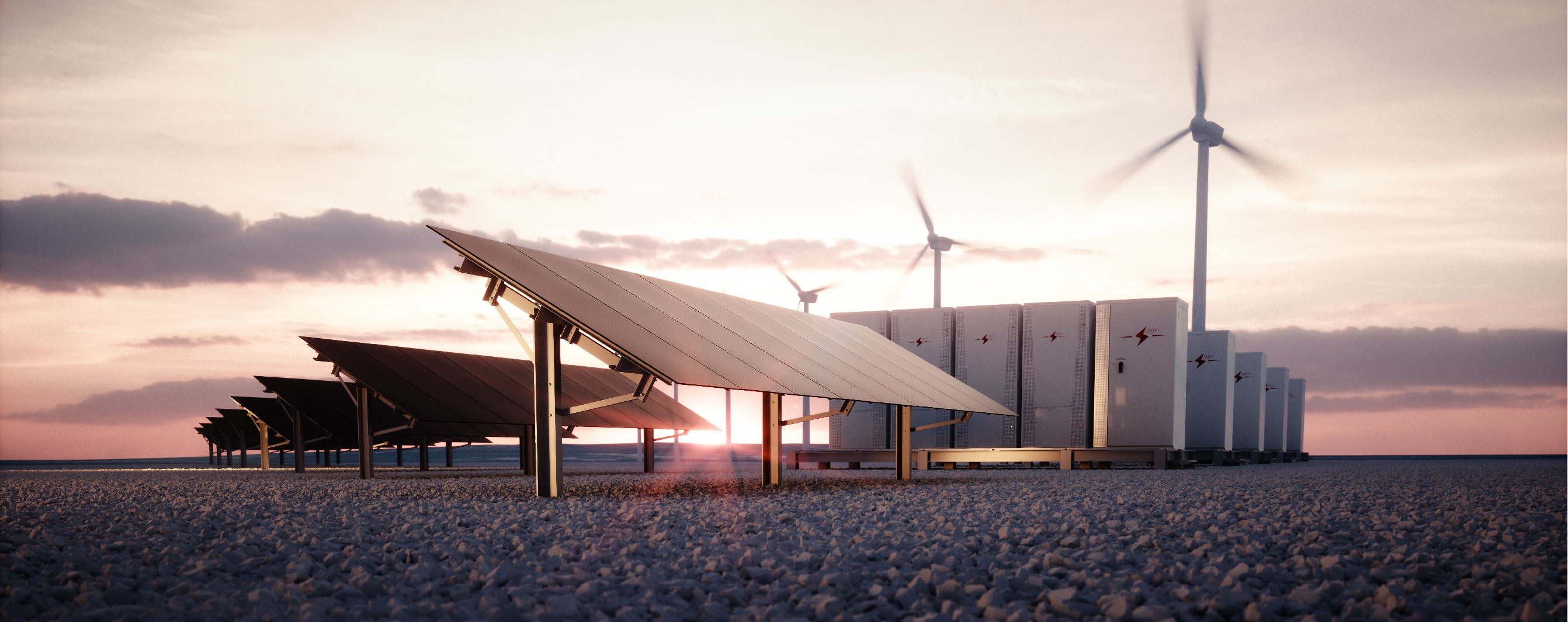 Solar panels, wind turbine and storage