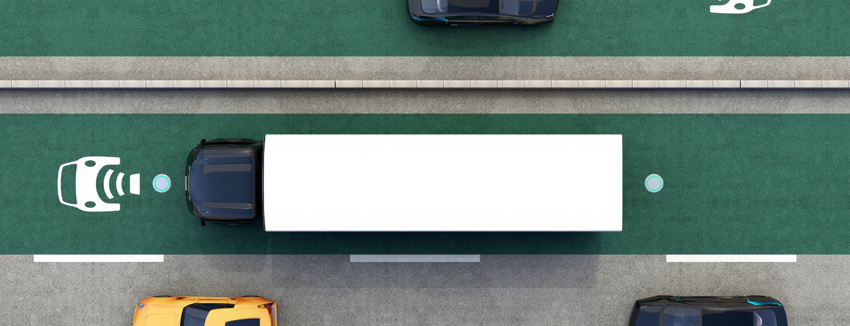 Aerial view of hybrid truck and blue electric car